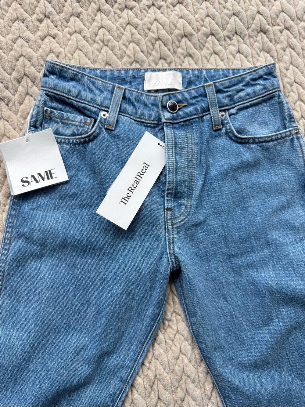 SAME High-Rise Straight Jeans in Medium Blue Denim